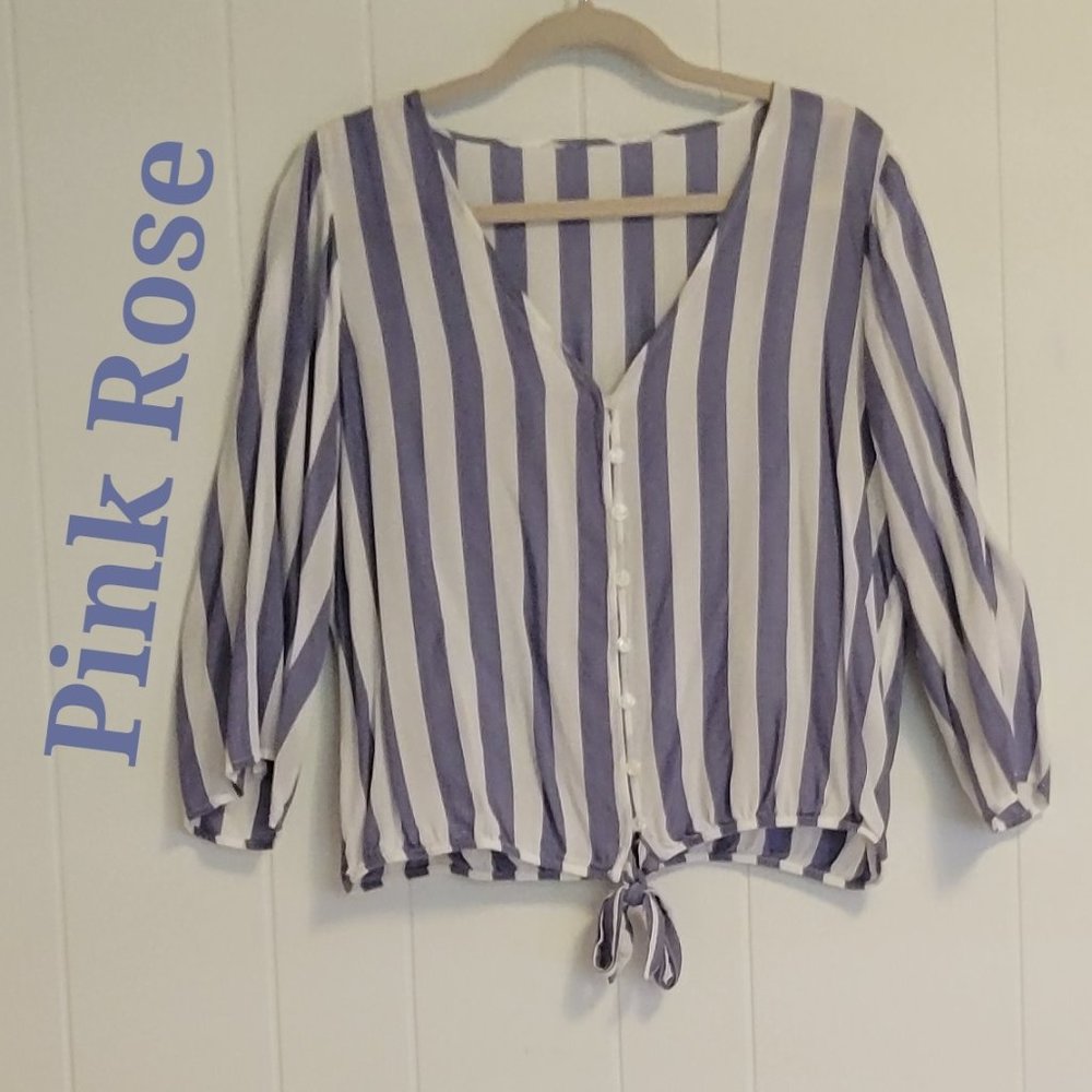 Pink Rose blue/white stripe button tie waist v neck long sleeve blouse Sz: M